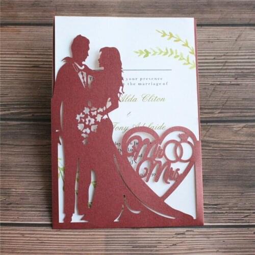 Burgundy invitation wedding card pocket hollow couple design multi colors offer personalized insert card printing
