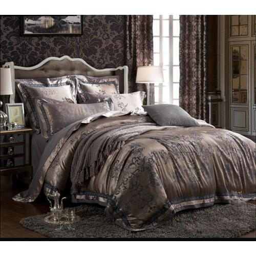 Luxury Satin Jacquard bedding sets Embroidery bed set double queen king duvet cover bed sheet set pillowcase 4/6pc coffee silver