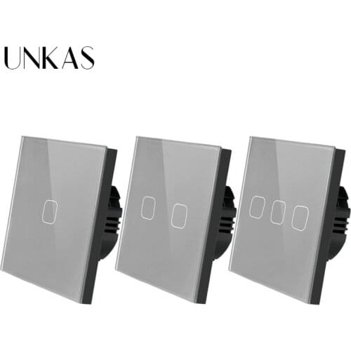 UNKAS EU/UK standard 1/2/3 Gang 1 Way Touch Switch Gray Crystal Glass Panel Touch Switch Light Wall Only Touch Function Switch