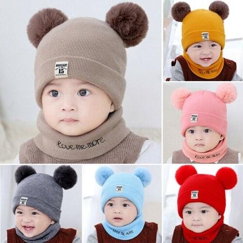 Brand New Newborn Kids Baby Boy Girl Pom Hat Winter Solid Warm Knit Bobble Beanie Cap Scarf Set