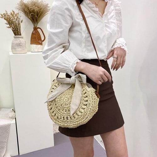2021 Fashion Women Woven Rattan Bag Round Straw Shoulder Bag Beach Handbags Summer Bowknot Handmade Hollow Out Crossbody Bags