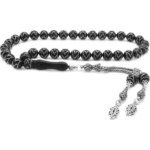 Tesbihane 925 Sterling Silver Tassels Silver Zigzag embroidered Erzurum Oltu stone Rosary