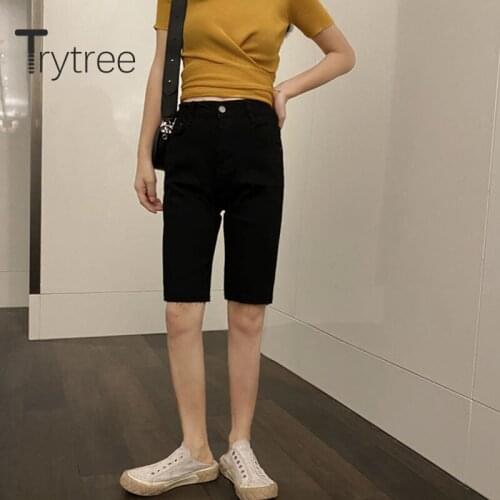 Trytree 2020 Summer Woman Casual Shorts Button Solid Black High Waist Pockets Temperament All-Purpose Style Five points Shorts