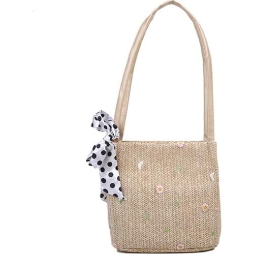 2021 New Floral Summer Woven Straw Shoulder Drawstring Hobo Beach Travel Crossbody Lady Small Knitting Beach Style Girlss Bag