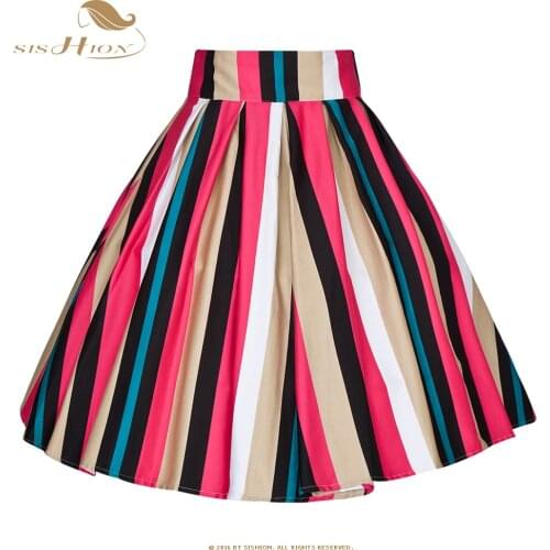 SISHION Plus Size Striped Women Skirt VD1533 A Line High Waist Cotton Ladies Swing Vintage Skirts Womens falda mujer