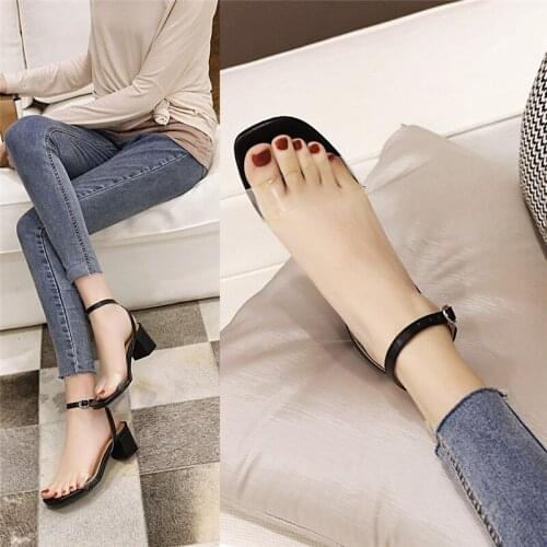 YQBTDL 6 Candy Colors Narrow Band Cross Strap Transparent Square High Heels Sandals Women Orange Green Black Chunky Heels Shoes