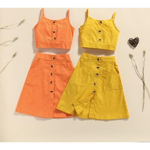 1-7Y Summer Baby Girls Sleeveless Sling Vest Tops+A-Line Skirt Outfit Sets Yellow Orange Tracksuit 2Pcs
