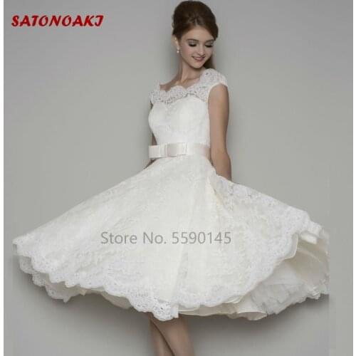 Lace Short Wedding Dress Knee Length Cap Sleeve Scalloped Neckline Satin Bow Sash Bridal Gown Vestido De Novia Undefined Online
