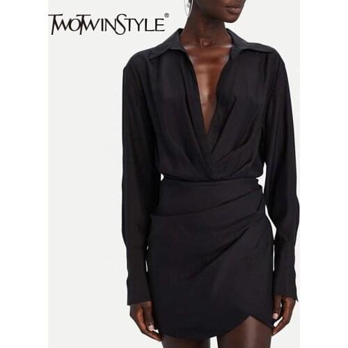 TWOTWINSTYLE Solid Color Casual Dresses For Female Lapel Collar Tie A Knot Pleated High Waist Slimming Womens Dress New 2021