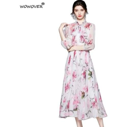 Elegant Fashion Womens Runway Designer Bow Collar Floral Chiffon Midi Party Dresses for Summer Female Clothes Boho Holiday Robe