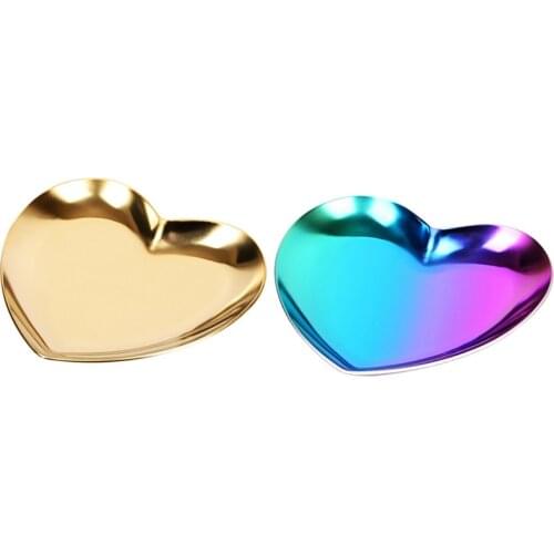 2Pcs Heart Shaped Jewelry Serving Plate Metal Tray Storage Arrange Fruit Tray Home - Gold & Bright Color