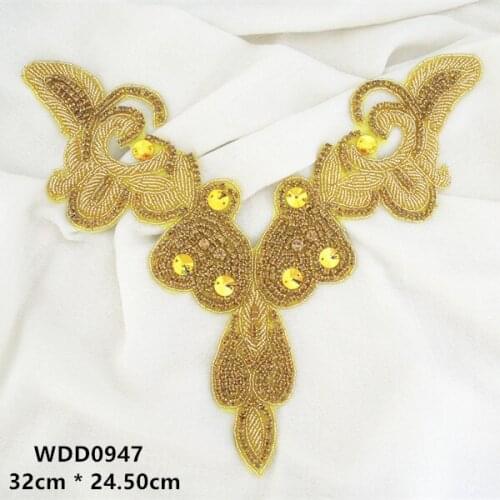 30PCS) Gold rhinestone neckline applique gold hand beaded iron on for dress WDD0947