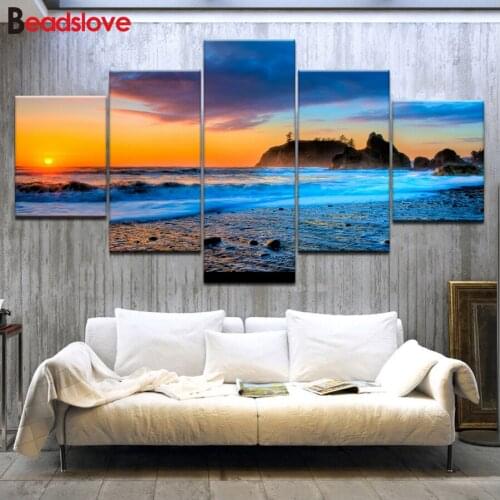 5d diy diamond painting Beach Sunset Sky Landscape For Living Room 5 Panel Home Decor Abstract Full Diamond embroidery