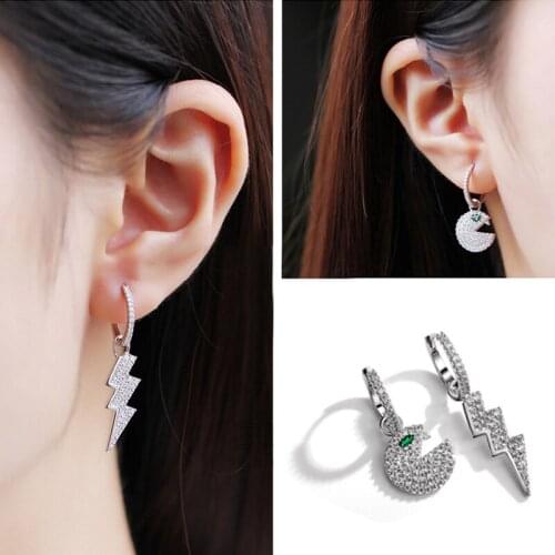 AAA+ Fashion Micro Pave Top Cubic Zirconia Lightning Pac-Man Earrings Asymmetry Silver Hoop Monaco Jewelry For Women