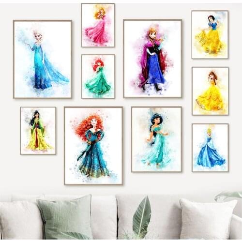 Watercolor Disney Cartoon Princess Print Wall Art Elsa Belle Poster and Prints Canvas Painting for Kids Room Decor No Frame