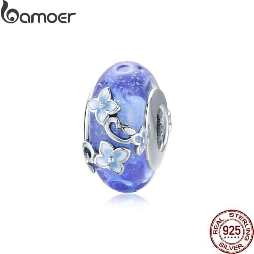 Bamoer Blue Glass Handmade Bead Secret Garden Flower Hydrangeas for Women Original Silver 925 Bracelet Silver Jewelry BSC390