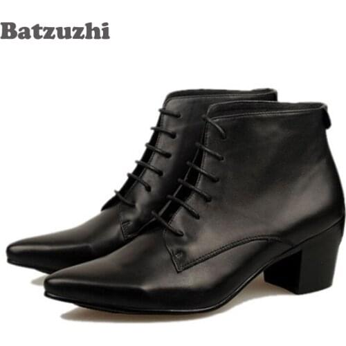 British Men Fashion boots Genuine Leather Pointed Toe Ankle boots 6.5 CM High Heels Genuine Leather Ankle Boots Men Lace-up