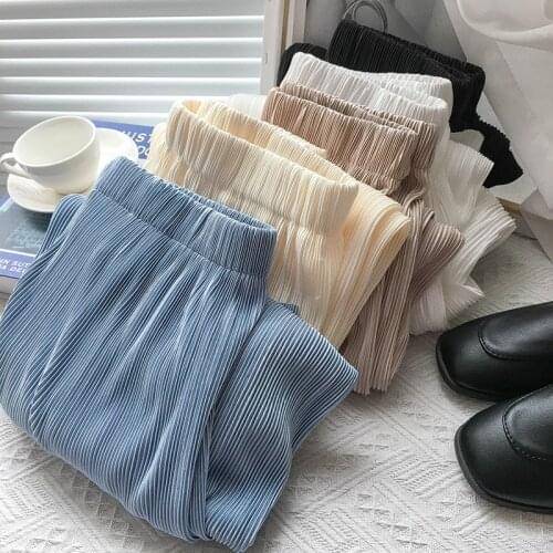 Candy Color Pleated Cool Wide Leg Trousers Female Summer High Waist ice silk Pants Long Bohemian Trousers plus size 6XL 7XL