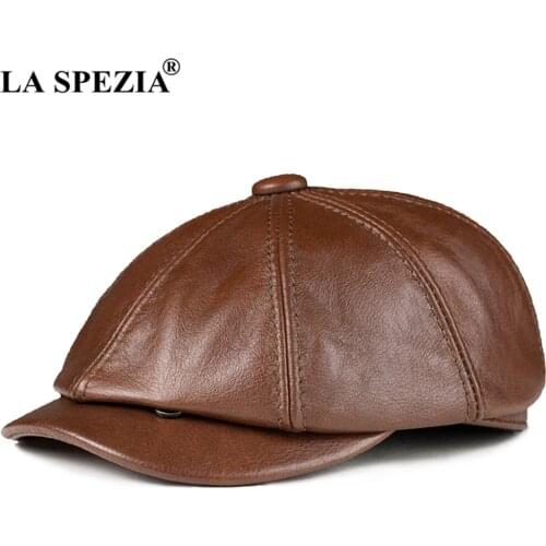 LA SPEZIA Newsboy Cap Men Brown Genuine Leather Octagonal Hat Cowskin Autumn Winter British Style Mens Beret