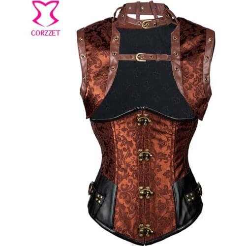 Brown Steampunk Corset Underbust and Jacket Burlesque Outfits Waist Slim Corsets and Bustiers Steel Boned Korsett For Women Goth