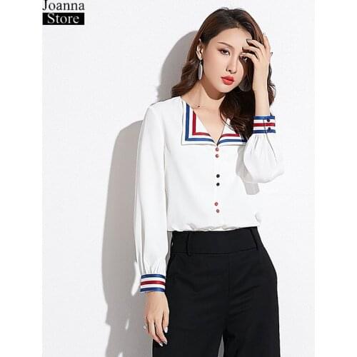 Sailor collar striped shirt vintage elegant blouse women casual womens tops and blouses chiffon plus size loose summer clothes