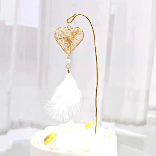 Metal Feather Pearl Moon Heart Happy Birthday Cake Topper For Wedding Birthday Party Decor Supplies Cake Baking Decorations