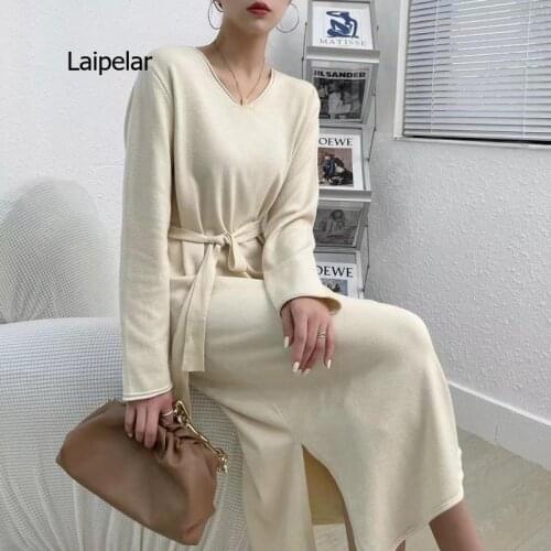 Autumn and winter womens v-neck loose long sweater dress robe knitted sweater drawstring dress female super long skirt
