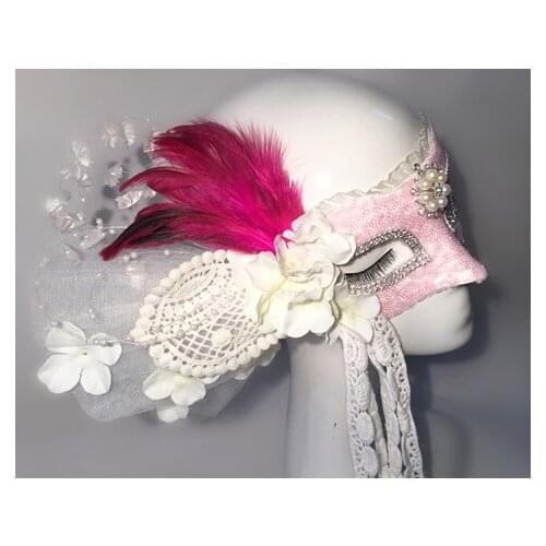 Feather Pearls Flower Mask Halloween Lace Lilies Mask Masquerade Venetian Pink Mask Handmade