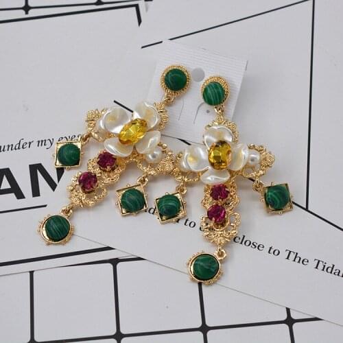 New Euramerican Vintage Pop Baroque Style Brand Jewelry Rhinestone Green Gem Cross Earrings Rhinestone flower Women accessories