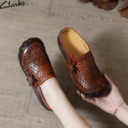 Summer 2021 Genuine Leather Vintage Slippers For Women Outdoor Casual With Flowers Breathable Soft Flat Ladies Slides