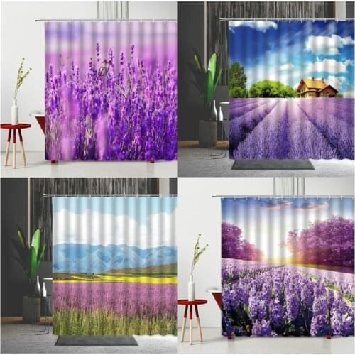 Flowers Butterfly Shower Curtain Purple Lavender Gardens Bathroom Decoration Hanging Curtain Polyester Fabric Multiple Size