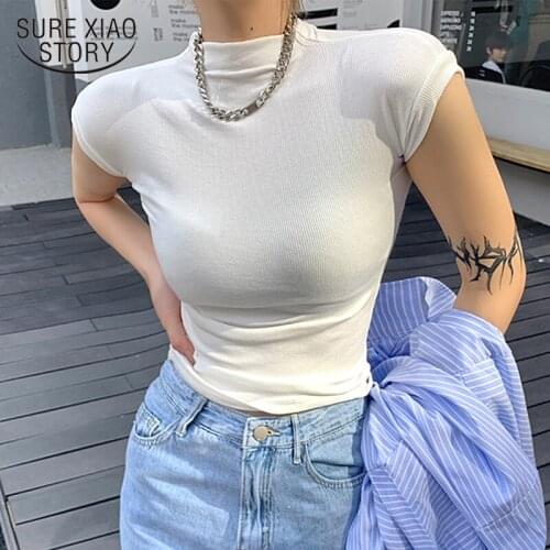 New Korean Style Short Sleeve Womens Blouse Summer Cotton Shirt Fashion Half High Collor Elastic Slim Base Tee Solid Tops 15640