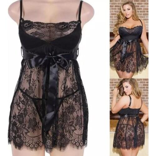 Ladies Sexy Halter See-Through Lace Suspender Pajamas Printed Embroidery Large Size Sexy Lace Underwear Dress Female 5XL