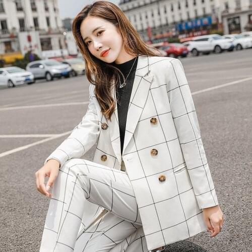 Ladies suit autumn and winter new fashion lattice double-breasted professional wear temperament trousers womens two-piece suit