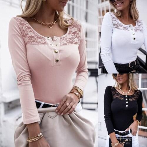 Womens Top Spring Autumn Solid Color T-Shirts Patchwork Button Lace V-Neck Long Sleeve T Shirt Womens Clothing 2021 Slim Tops