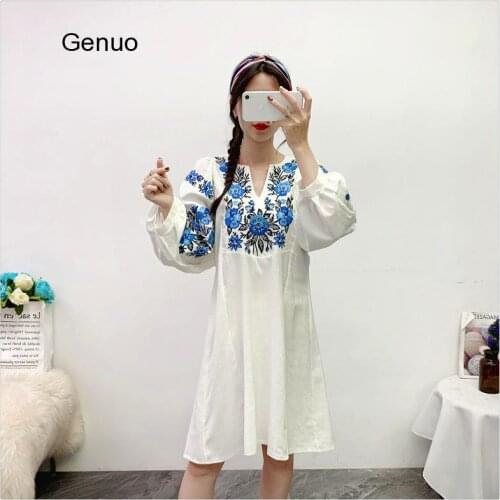Womens Retro Ethnic Style Dress Embroidery Flower Lantern Sleeves Loose Temperament Deep V-neck Dress Spring Autumn Dress 2020