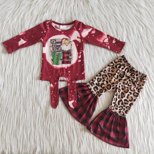 Winter Bleached Christmas Infant Kids Toddler Baby Girls Xmas Clothes 2Pcs Outfit Tie Santa Long Sleeve Shirt Leopard Bell Pants