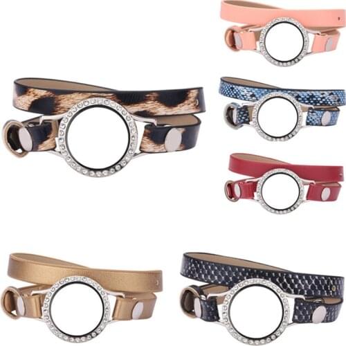 1 Pc Good Quality 23 Colors DIY Magnetic Glass Locket Round PU Leather Bracelet