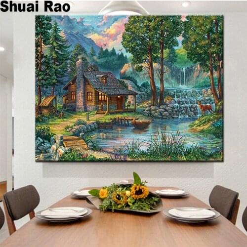 5d diy New diamond paintings full drill village lake, deer, forest Diamond Embroidery full round Diamond Mosaic natural scenery