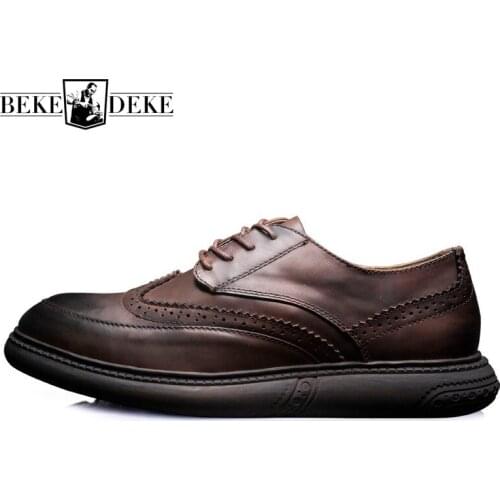 Mens Retro Lace Up Cowhide Brogue Shoes Wing Tip Vintage Business Man Formal Genuine Leather Work Shoes Wedding Dress Footwear
