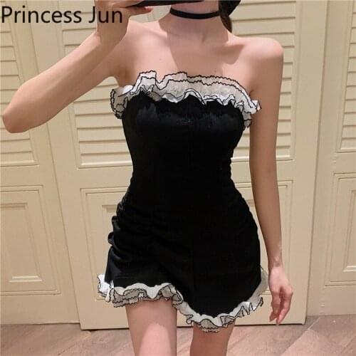 Women Strapless Sexy Slim Tube Black Mini Dress Color Contrast Ruffled Slash Neck Mini Party Dress Sleeveless Bodycon Club Dress