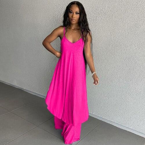 Solid Simple Two Piece Pant Suit Women Summer Spaghetti Strap Side Split Extended Edition Tops+wide Leg Trouser Femnale Clothes