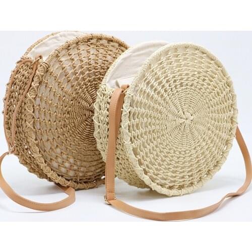 Round Beach Tote 2020 Hollow Out Straw Woven Handmade Handbags Women Bags Designer Solid Circular Basket Straw Rattan Bags