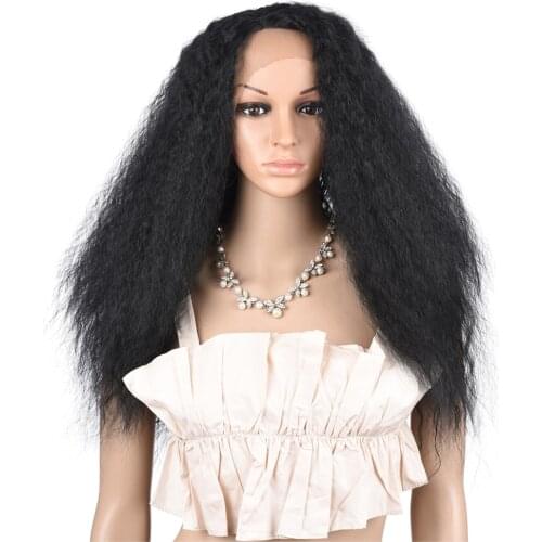 MOD DORA Afro Kinky Straight Hair Synthetic Lace Front Wig Long Fluffy Hair Wigs For Woman Black dark black L Part