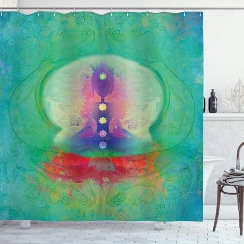 Sea Green Purple Chakra Shower Curtain Psychedelic Yoga Pose Chakra Point on The Grunge Background Relax Theme Bathroom Curtain