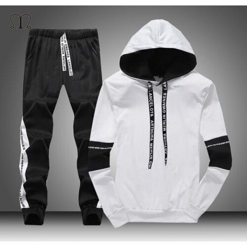 White Black Men Hoodies Set Fashion 2020 Autumn Brand Casual Tracksuit Mens Set Sports Two Piece Patchwork Hoodie Pant Male Suit
