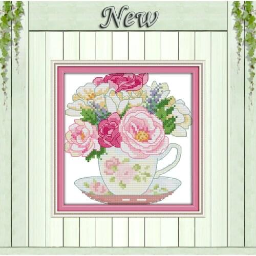 Tea and flowers rose decor painting counted printed on canvas DMC 14CT 11CT chinese Cross Stitch Needlework Sets Embroidery kits