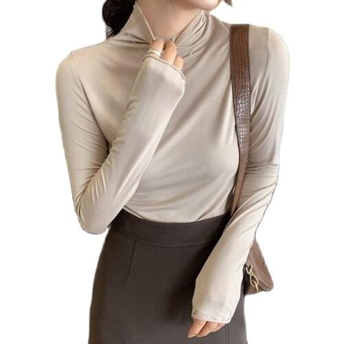 NEW Women Spring Autumn Modal Basic Style Turtleneck Solid Color Casual Slim Elastic All-Match Long-sleeve Bottoming T-Shirt Top