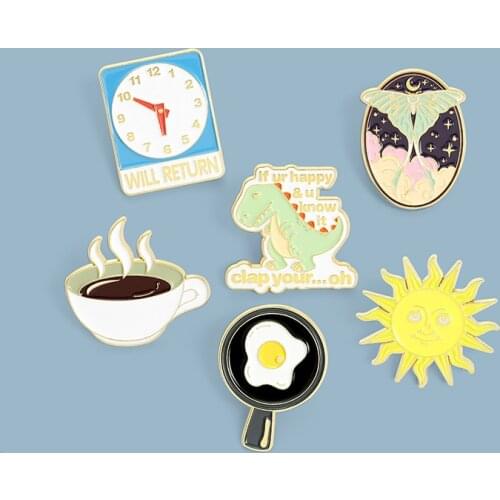 New Cute Cartoon Coffee Cup Badge Clock Fried Egg Sun Dinosaur Enamel Pins Brooch Lapel Bag Jewelry Gift for friends