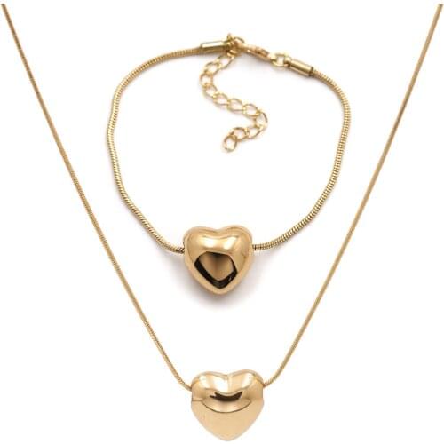 New Gold Color Heart Shaped Pendant Necklace Bracelet Snake Chain Femme Fashion Jewelry Sets Vintage For Women